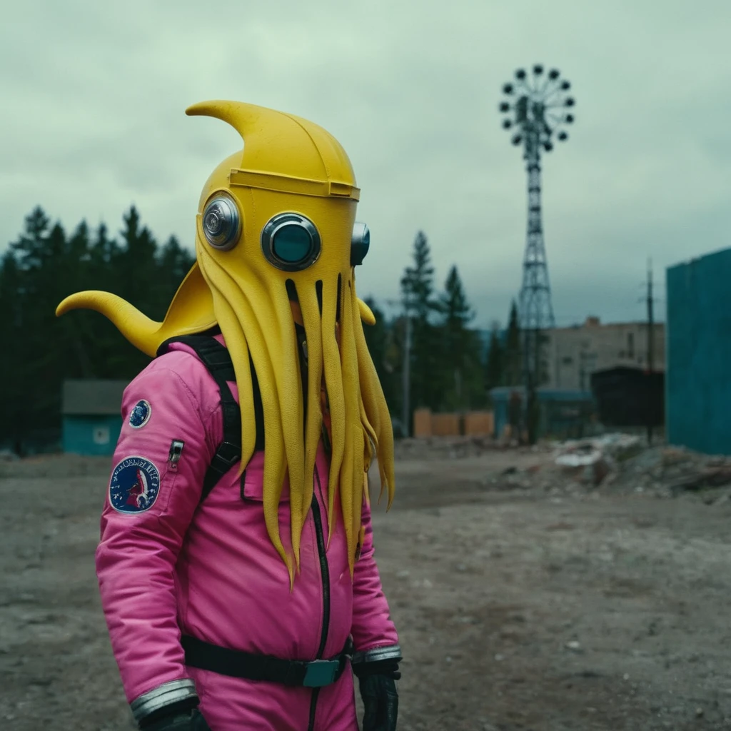 Horror-themed,  In an ancient and mysterious city a person wearing a yellow helmet with pink dark spikes on it carcosa city style, Don Bluth Style ASTRONAUT Cthulhu yellow Toon Doll, full body RAW candid cinema, cyan hair, 16mm, color graded portra 400 film, Eerie, unsettling, dark, spooky, suspenseful, grim, highly detailed, titanium decorative headdress, cinematic, trending on artstation | Isometric | Centered