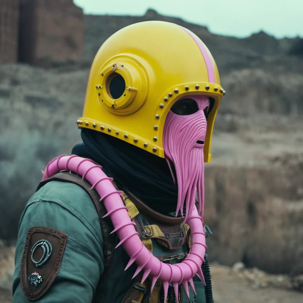 Horror-themed,  In an ancient and mysterious city a person wearing a yellow helmet with pink dark spikes on it carcosa city style, Don Bluth Style ASTRONAUT Cthulhu yellow Toon Doll, full body RAW candid cinema, cyan hair, 16mm, color graded portra 400 film, Eerie, unsettling, dark, spooky, suspenseful, grim, highly detailed, titanium decorative headdress, cinematic, trending on artstation | Isometric | Centered