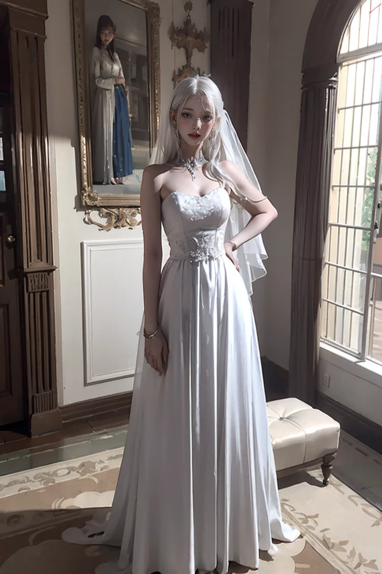 (masterpiece:1.3),(Big tits beautiful,Amazing:1.2),(Highest quality:1.3),(Super detailed:1.2),Two Girls,Full Body Lesbian,Wearing a white wedding dress,(Ultra-detailed skin:1.2),(Glowing Skin:1.1),(perfect aninomia,Very sophisticated and beautiful:1.2),Silver Hair,Long white hair,blue eyes,(beiniful detailed eyes:1.2),Looking_in_peeping in the viewer,smile,Open your mouth,Stylish pose,Hidden Hand,Sacred clothing,Live Room