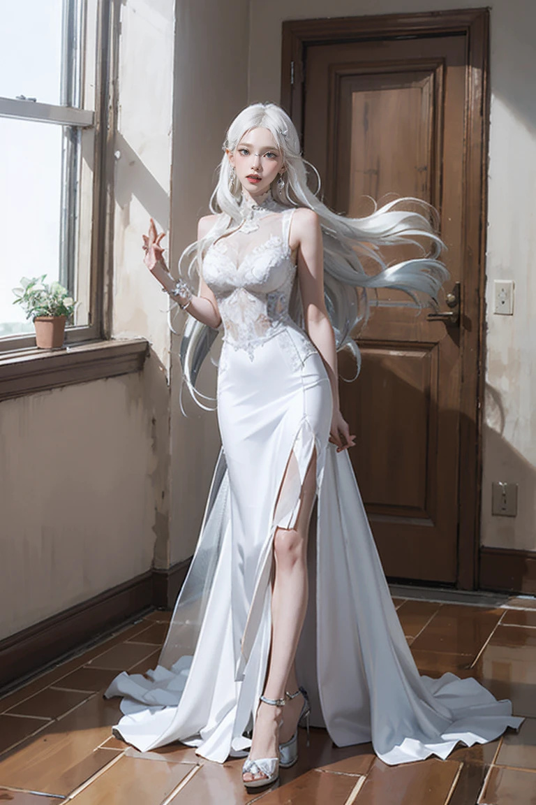 (masterpiece:1.3),(Big tits beautiful,Amazing:1.2),(Highest quality:1.3),(Super detailed:1.2),Two Girls,Full Body Lesbian,Wearing a white wedding dress,(Ultra-detailed skin:1.2),(Glowing Skin:1.1),(perfect aninomia,Very sophisticated and beautiful:1.2),Silver Hair,Long white hair,blue eyes,(beiniful detailed eyes:1.2),Looking_in_peeping in the viewer,smile,Open your mouth,Stylish pose,Hidden Hand,Sacred clothing,Live Room