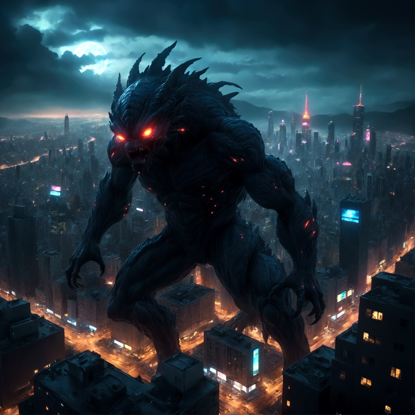 a giant alien monster attacking a city at night, highly detailed, ultra-realistic, 8k, cinematic lighting, dramatic angles, glowing alien eyes, destructive city landscape, neon city lights, dark moody atmosphere, cinematic camera angles