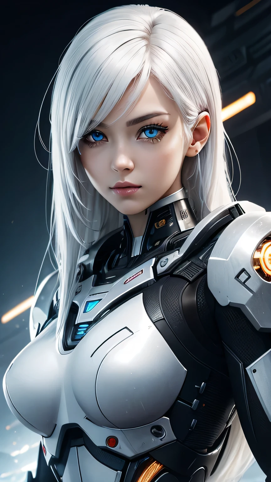 cyborg girl, beautiful eyes, battle field background, white hair, masterpiece, ultra high details
