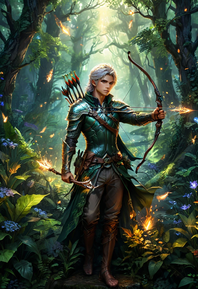 (Archer, bow and arrow), dreamy style, the elf archer is in a deep magical forest, dressed in flowing attire. The bows and arrows in his hands emit a faint light, surrounded by strange plants and flickering fireflies. The entire scene resembles a dreamy world, full body, (Photography), panoramic view, award-winning, cinematic still, emotional, vignette, dynamic, vivid, (masterpiece, best quality, Professional, perfect composition, very aesthetic, absurdres, ultra-detailed, intricate details:1.3)