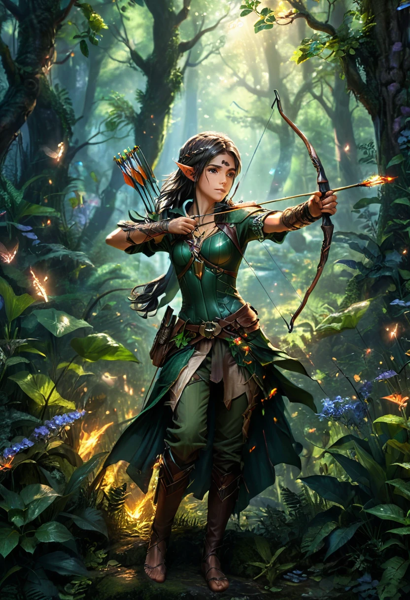 (Archer, bow and arrow), dreamy style, the elf archer is in a deep magical forest, dressed in flowing attire. The bows and arrows in his hands emit a faint light, surrounded by strange plants and flickering fireflies. The entire scene resembles a dreamy world, full body, (Photography), panoramic view, award-winning, cinematic still, emotional, vignette, dynamic, vivid, (masterpiece, best quality, Professional, perfect composition, very aesthetic, absurdres, ultra-detailed, intricate details:1.3)