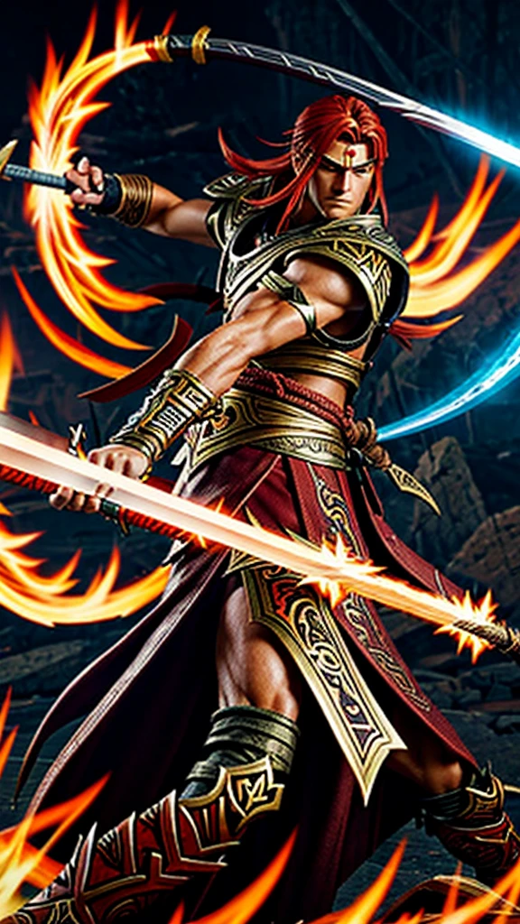 Create an anime-style artwork of an Elden Ring warrior in a heroic pose, holding a flaming sword.Use vibrant colors and an epic background to convey the intensity of the battle.Add enlarged damage and defense icons next to the character to highlight the buffs.