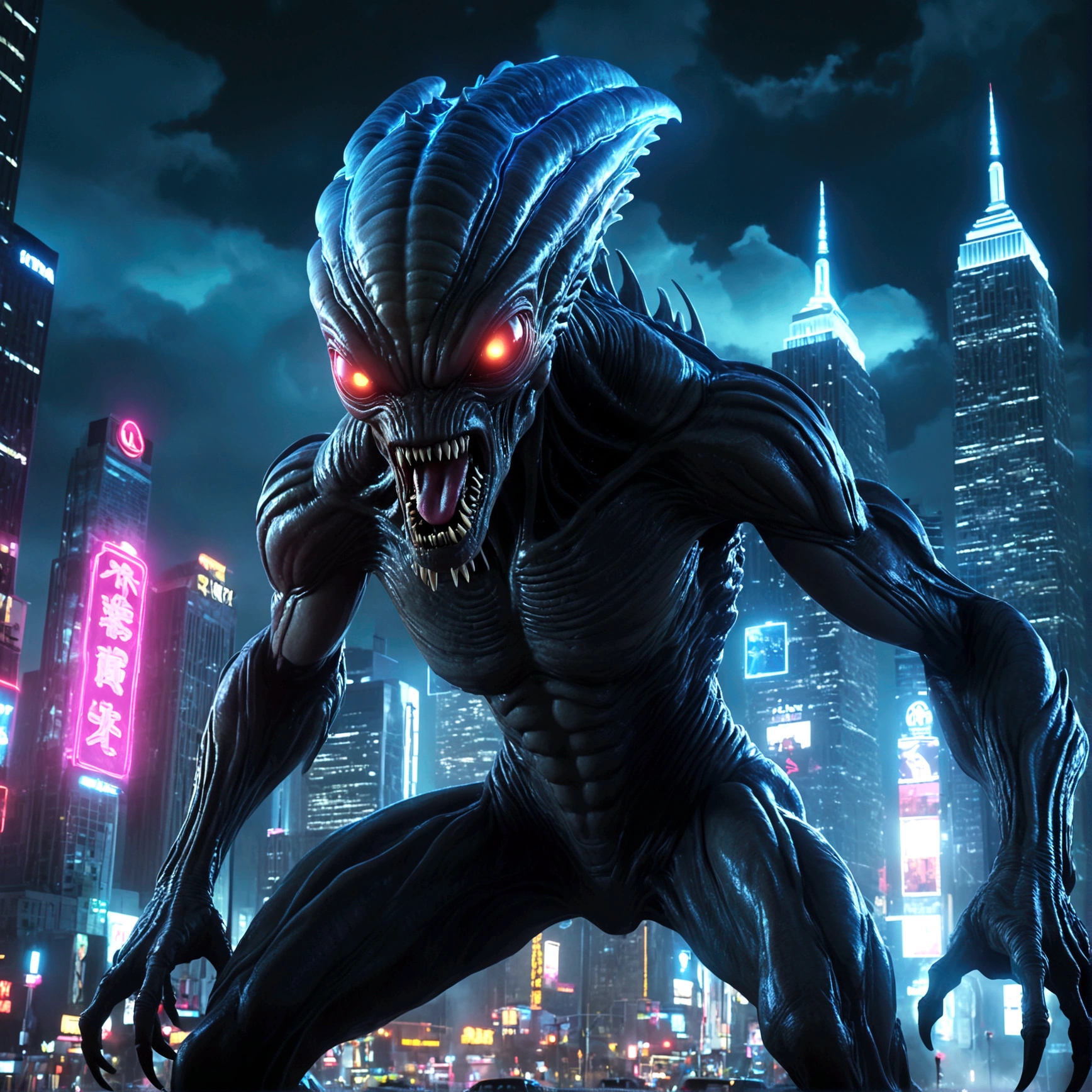 a giant alien monster attacking a city at night, highly detailed, ultra-realistic, 8k, cinematic lighting, dramatic angles, glowing alien eyes, destructive city landscape, neon city lights, dark moody atmosphere, cinematic camera angles
