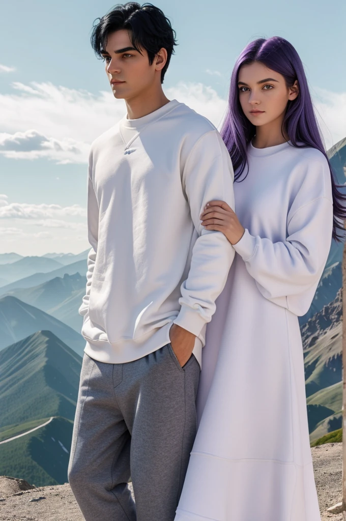 A guy with black hair and green eyes wearing a white sweat shirt carrying a girl with violet hair and eyes. The girl wearing a white dress. Both standing on a peak of a mountain
