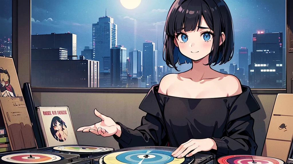 1 girl, solo, blue eyes, (detailed eyes), flat chest, short hair, black hair, upper body, gentle smile on her face, sitting up straight((masterpiece, illustration, best quality) A very detailed beautiful woman, Perfect face,Black Hair, bob cut,Bangs, , , Retro Wave, , Sad atmosphere, night light through the window, night vibes, Room, 2d, (long shot), Old comics, (A lot of records:1.3), vinyl plastic record shop, (masterpiece, best quality, best quality, Official Art, beautiful and aesthetic: 1.2), Old anime texture, Solitary, Cyberpunk, vinyl plastic, night