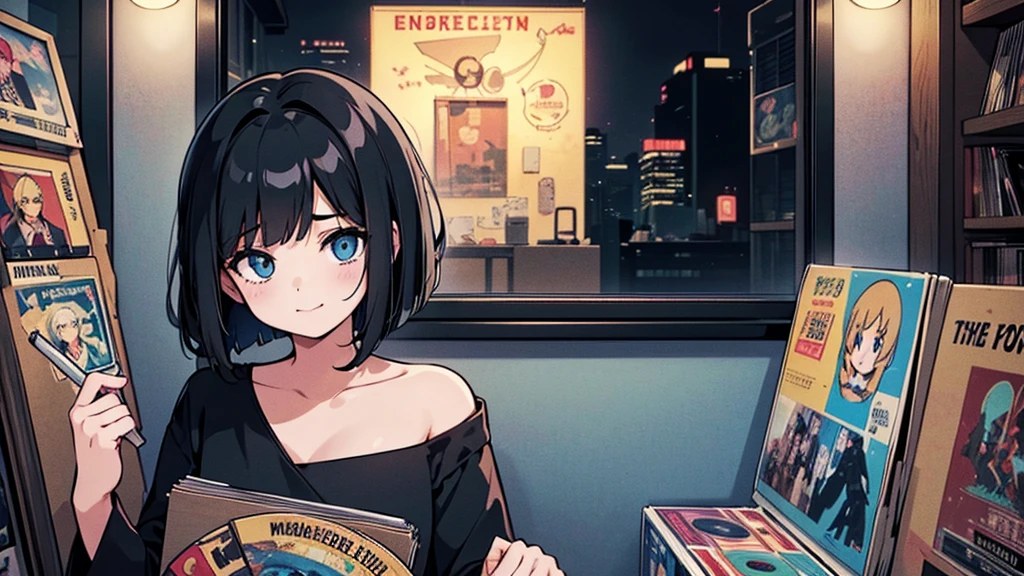 1 girl, solo, blue eyes, (detailed eyes), flat chest, short hair, black hair, upper body, gentle smile on her face, sitting up straight((masterpiece, illustration, best quality) A very detailed beautiful woman, Perfect face,Black Hair, bob cut,Bangs, , , Retro Wave, , Sad atmosphere, night light through the window, night vibes, Room, 2d, (long shot), Old comics, (A lot of records:1.3), vinyl plastic record shop, (masterpiece, best quality, best quality, Official Art, beautiful and aesthetic: 1.2), Old anime texture, Solitary, Cyberpunk, vinyl plastic, night