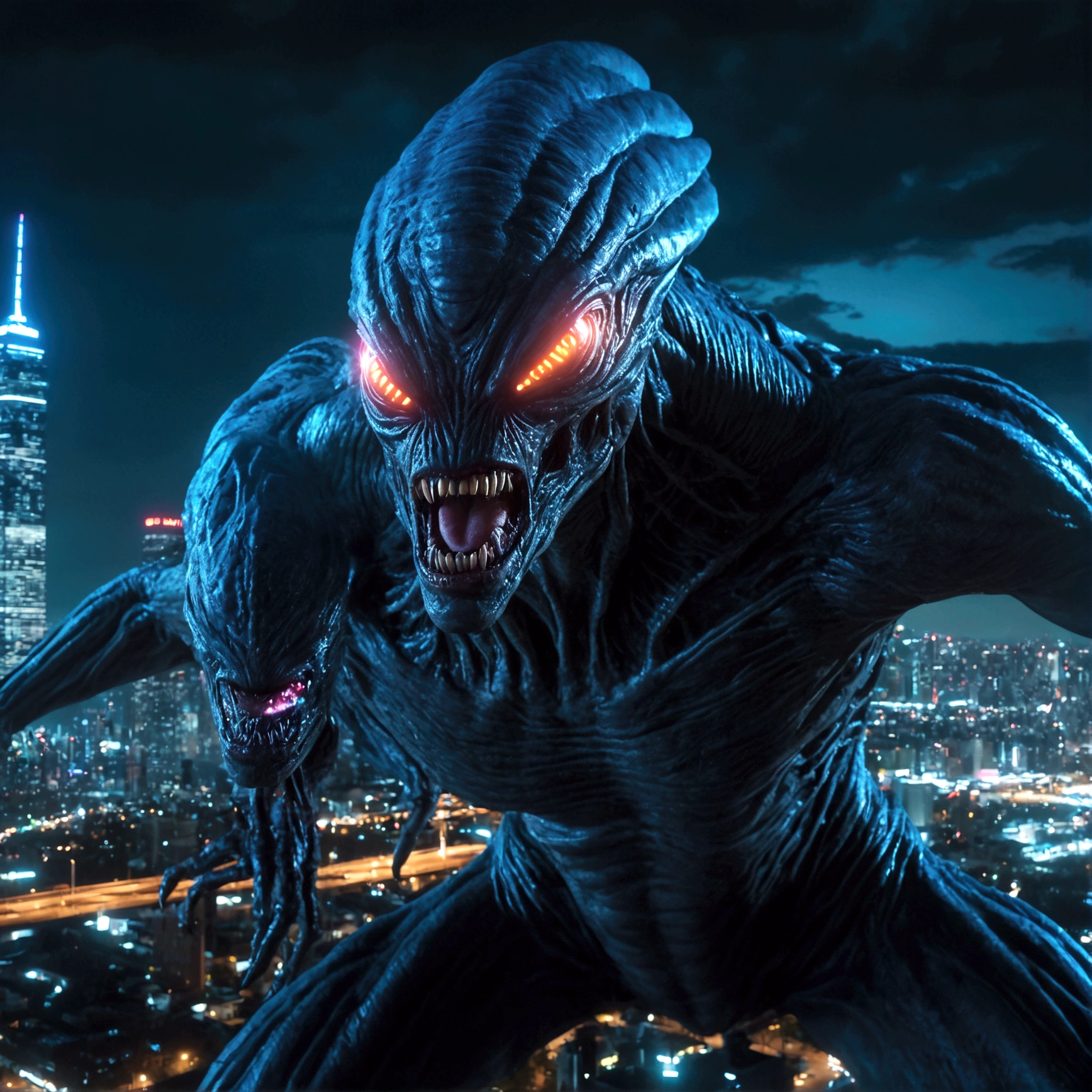 a giant alien monster attacking a city at night, highly detailed, ultra-realistic, 8k, cinematic lighting, dramatic angles, glowing alien eyes, destructive city landscape, neon city lights, dark moody atmosphere, cinematic camera angles