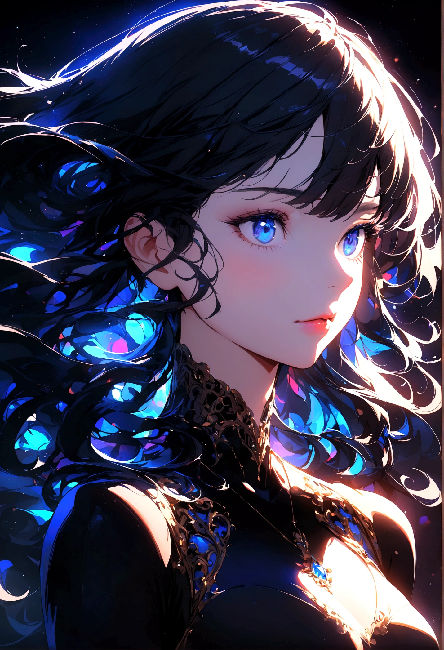 Curvy blue eyed girl with long wavy black hair and small breasts