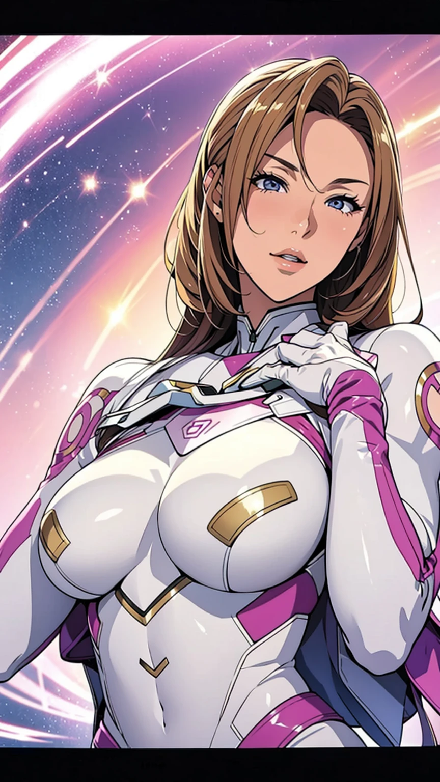 (masterpiece:1.2, Highest quality),(Very detailed),8K,wallpaper,1 female,Mature Woman,48 years old,sentai heroine pink,Muscular,((White metallic squadron suit)),(((Better Hands))),((The background is Galaxy Flash)),Random hairstyle,Random Pause,(((Beautiful female hands,detailed drawing of a hand))),cyber punk,((Beautiful trading cards,gold framed))