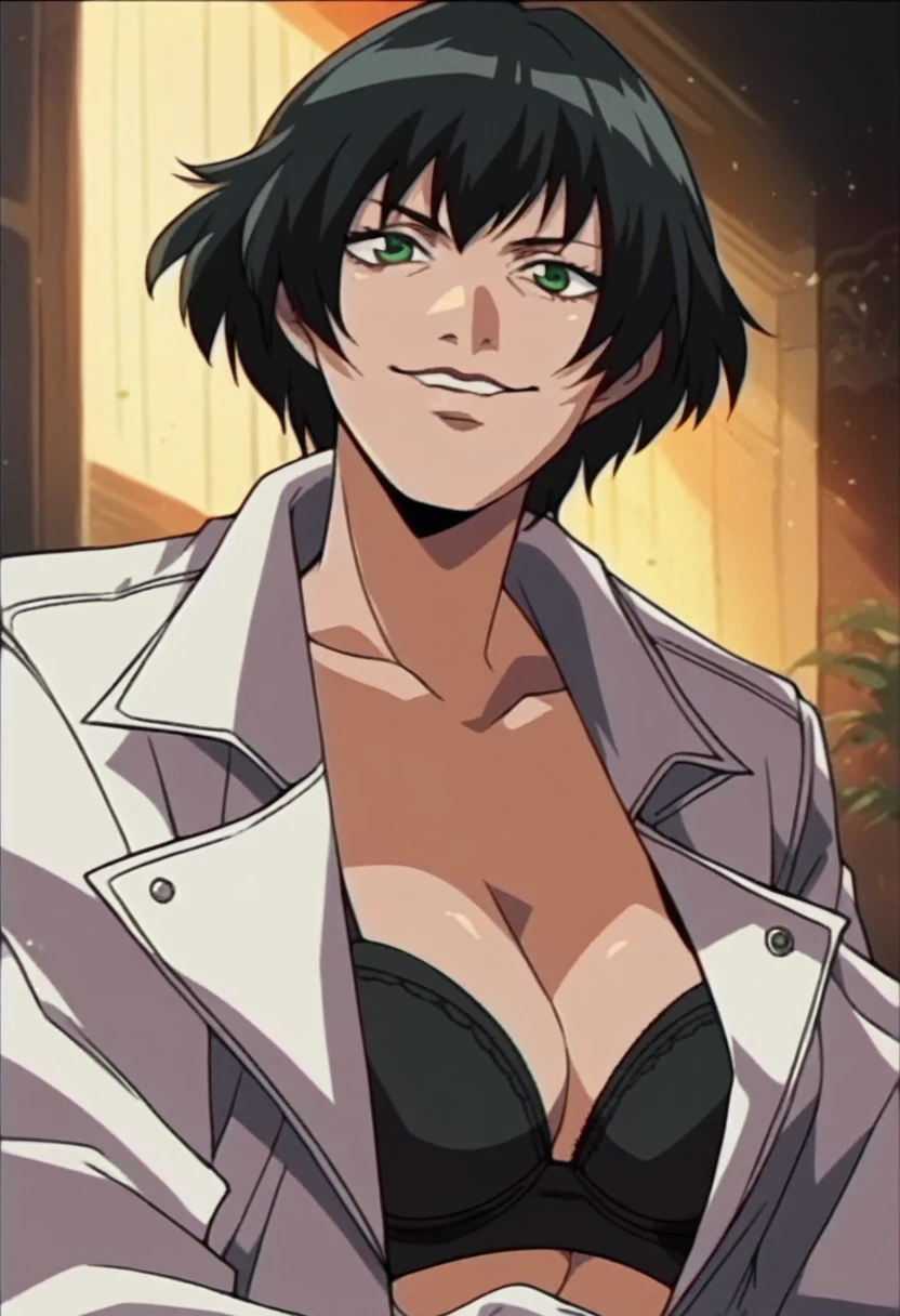 rating_explicit, lady from devil may cry, white jacket, black bra, sunglasses, white panties