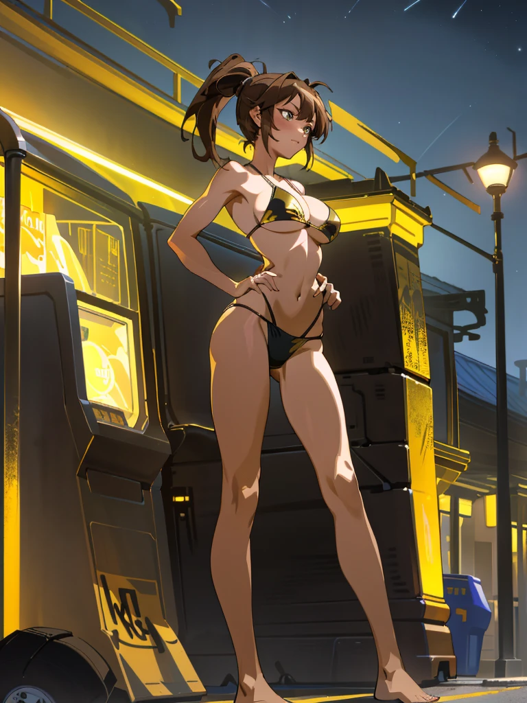 Masterpiece, best quality, Masterpiece, best quality, 1 woman, brown hair ponytail , sly face , smile , gold bikini , abdomen, big breasts , Long legs , Barefoot , hands on hips , parking lot , nighttime