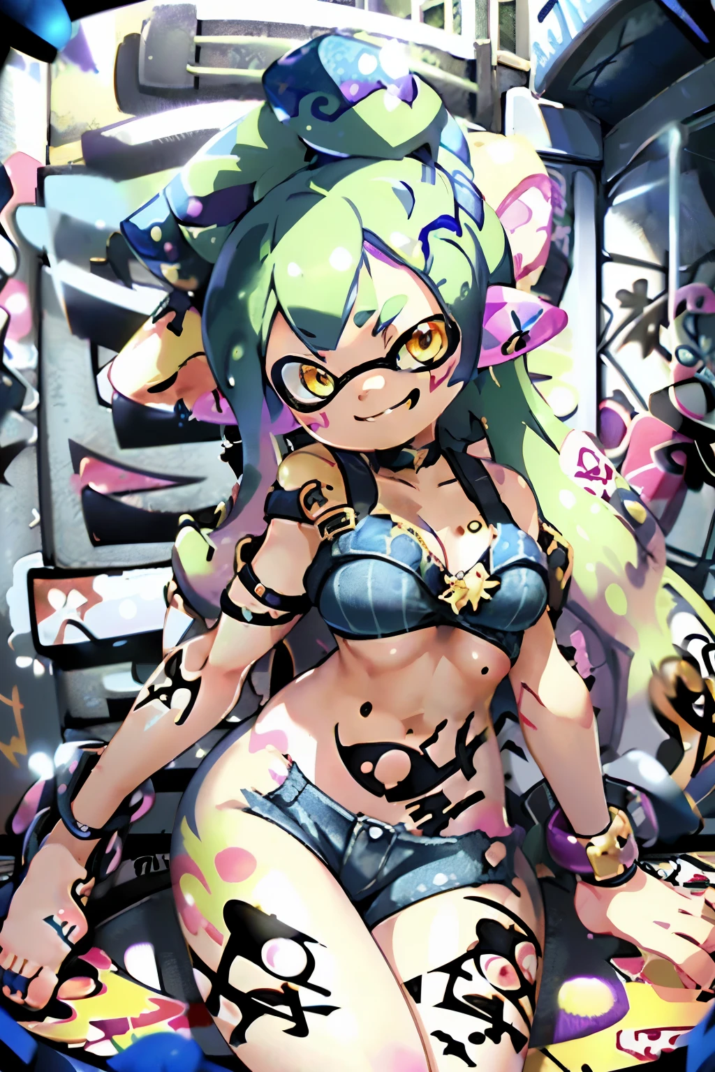 Absurd, Highest quality, High resolution、Real Anime、3d、Ultra-stereoscopic、One Splatoon girl, alone, Multicolored tentacle hair, Big Breasts、Cleavage、Underboob、Crop top, Denim shorts, Low-rise pants、choker, (graffiti:1.5), Paint splashes, Put your arms behind your back, (Hunchback), Lean back, Against the wall, (Tilt to the side:0.25), View your viewers, Armband, Thigh straps, Striped Hair, body paint, Upturned eyes, Golden Eyes、Head Down, Tilt your head, (From the side:0.75), Toothy smile、