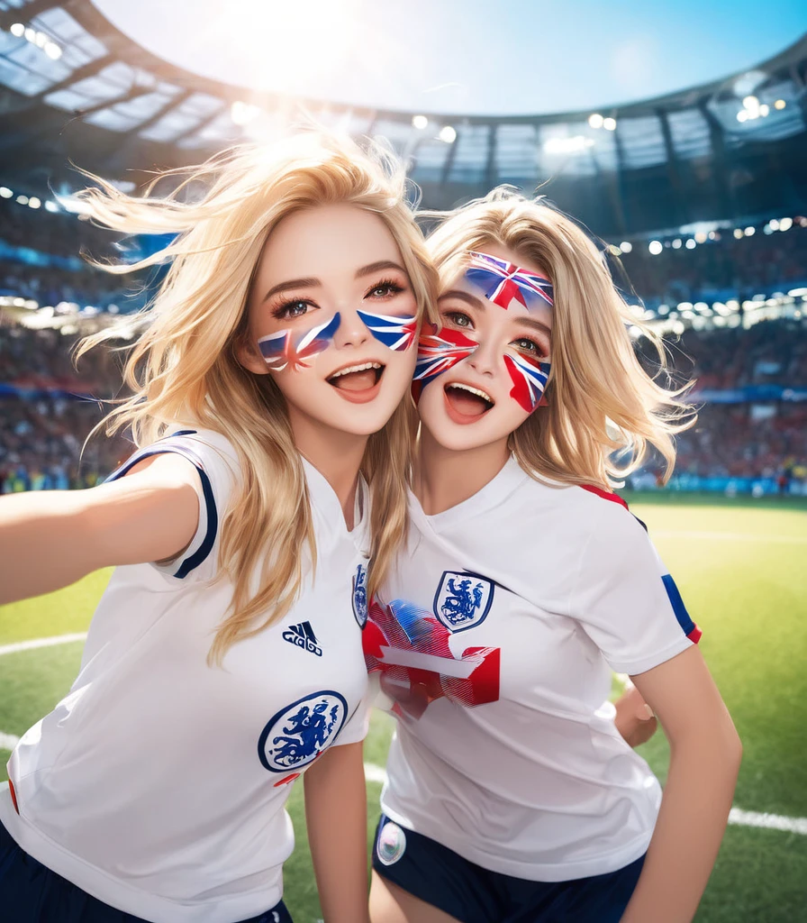 The best original shot photo with neon lights and original painting, British flag painting on the faces, 3 cute blonde young soccer fans wearing England soccer jerseys and standing in a soccer stadium, celebrating a victory by England team, floating hair, natural face, perfect lighting, hardcore fans atmosphere, prism lens flare effect, motion blur, sporting angle shot style, Ultra-detailed, realistic skin, film looks