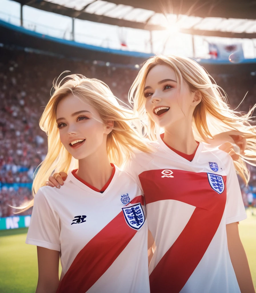 The best original shot photo with neon lights and original painting, British flag painting on the faces, 3 cute blonde young soccer fans wearing England soccer jerseys and standing in a soccer stadium, celebrating a victory by England team, floating hair, natural face, perfect lighting, hardcore fans atmosphere, prism lens flare effect, motion blur, sporting angle shot style, Ultra-detailed, realistic skin, film looks
