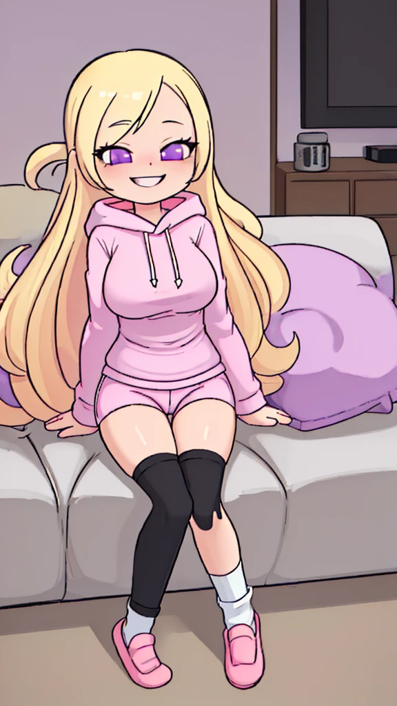 ((Best Quality)), ((Masterpiece)), (detailed), 1 girl, pajamas, pink hooded sweater, White socks, Pastel yellow hair, long hair, hair covers one eye, purple eyes, tight black shorts, big breasts, big thighs, expression smiling shy, background in a living room sitting on a sofa