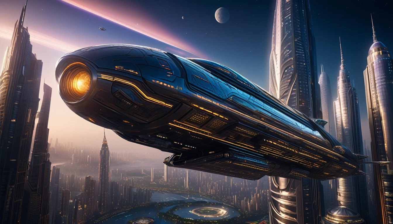 A digital artwork showing a colossal spaceship, depicted in an ultra-realistic style. The spaceship features intricate and highly detailed designs, with sleek metallic surfaces and advanced technological components. This massive vessel hovers above a bustling, futuristic cityscape filled with towering skyscrapers, advanced transportation systems, and neon lights illuminating the night sky. The scene captures the grandeur and scale of the spaceship against the backdrop of the ultra-modern city, emphasizing realistic textures, intricate details, and a sense of awe and wonder.