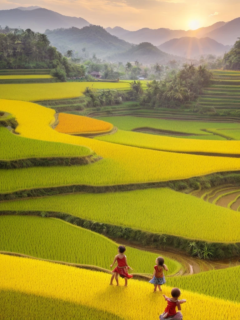 (best picture quality,8K,high resolution,masterpiece),super detailed,,java landscape painting summer,Sunlight,nice ???,Gold rice fields,gold,happiness,children'laughter,Children playing in the rice fields,Cicada chirping,Beautiful scenery,high dynamic range,ultra high definition,studio lighting,Ultra-fine,sharp focus,Physical rendering,extremely detailed description,main,bright colors,blurred background,goldensunrise,peaceful,peaceful,golden light,prime time,nature,The beauty of nature, ,minimalist,extreme details,Unparalleled details,Special effect、Realism and exquisite details,Film grain and rough effects add to the image's sense of vintage and nostalgia.。