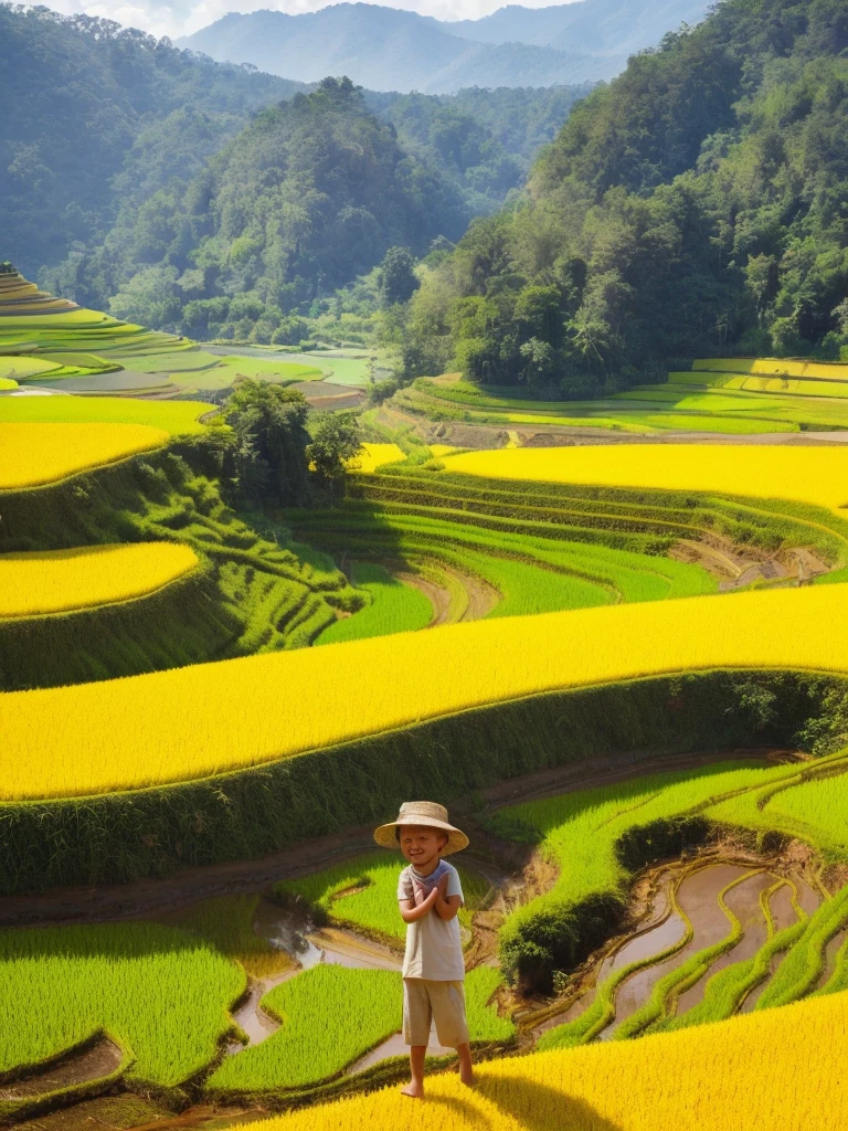 (best picture quality,8K,high resolution,masterpiece),super detailed,,java landscape painting summer,Sunlight,nice ???,Gold rice fields,gold,happiness,children'laughter,Children playing in the rice fields,Cicada chirping,Beautiful scenery,high dynamic range,ultra high definition,studio lighting,Ultra-fine,sharp focus,Physical rendering,extremely detailed description,main,bright colors,blurred background,goldensunrise,peaceful,peaceful,golden light,prime time,nature,The beauty of nature, ,minimalist,extreme details,Unparalleled details,Special effect、Realism and exquisite details,Film grain and rough effects add to the image's sense of vintage and nostalgia.。