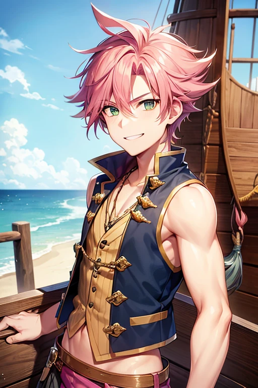 pink hair, male, handsome male, spiky hair, green eyes, sleeveless vest, open vest, proud smile, wooden deck, pirate ship, outside