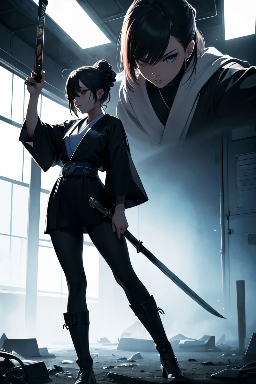 a woman in a black outfit holding a sword, elegant pose, inspired by Kusumi Morikage, inspired by Kanō Hōgai, inspired by Kano Sanraku, inspired by Kawabata Ryūshi, female samurai, Japanese anime style, anime character style, detailed portrait, cinematic lighting, highly detailed, digital painting, masterpiece, intricate details, cinematic composition, award winning digital art, sharp focus, photorealistic, 8k, vibrant colors, dramatic lighting, chiaroscuro, moody atmosphere, full body shot,