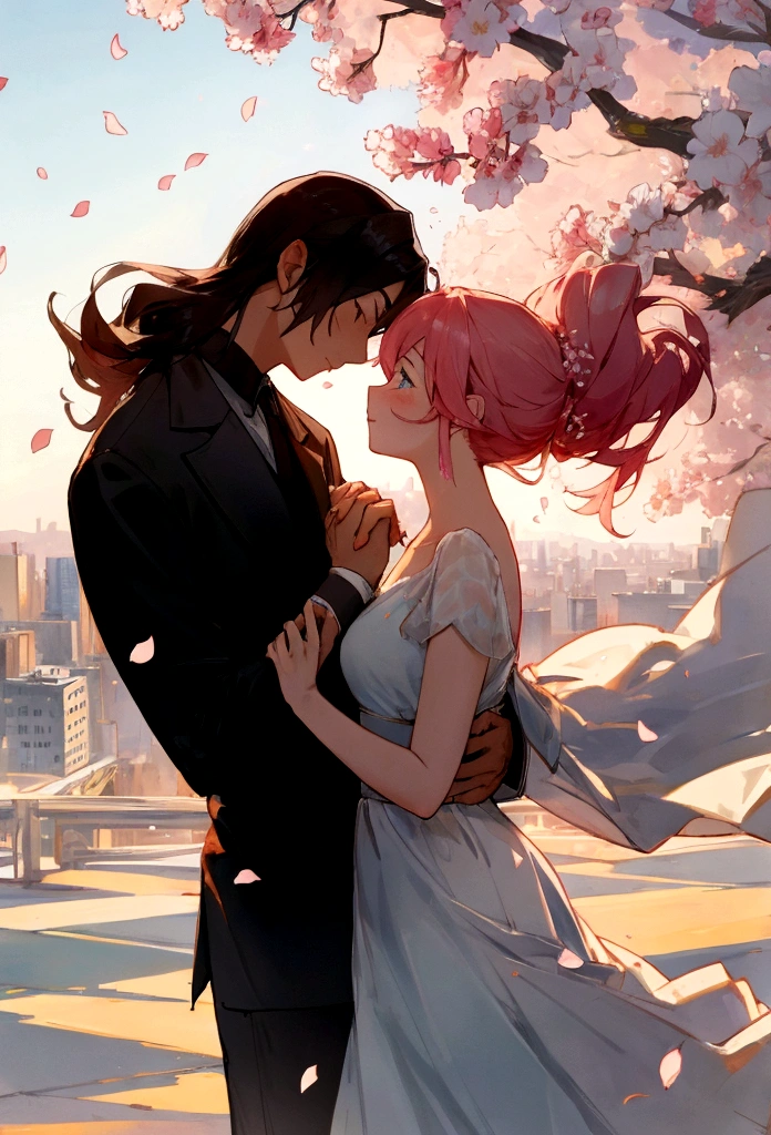 Scene: A couple standing on a hilltop, overlooking a cityscape bathed in the warm hues of a setting sun.
Characters:
* The woman: Long, flowing hair, gentle expression, holding the man's hand tightly.
* The man: Short, cropped hair, determined gaze, looking down at the woman with love.
Details:
* The couple's silhouettes are intertwined, creating a sense of unity and unwavering connection.
* The fading sunlight casts a soft glow on their faces, accentuating their delicate features.
* Cherry blossom petals drift gently around them, symbolizing the ephemeral nature of life and love.
* In the distance, the city skyline blends seamlessly with the vibrant colors of the sunset, representing the vastness of time and the inevitability of change.