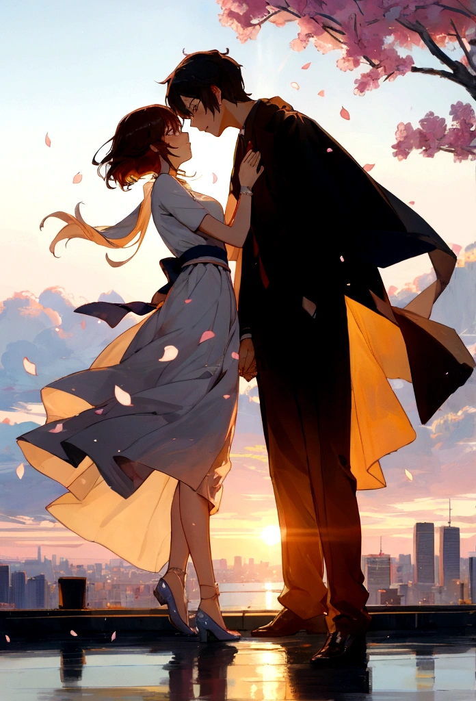 Scene: A couple standing on a hilltop, overlooking a cityscape bathed in the warm hues of a setting sun.
Characters:
* The woman: Long, flowing hair, gentle expression, holding the man's hand tightly.
* The man: Short, cropped hair, determined gaze, looking down at the woman with love.
Details:
* The couple's silhouettes are intertwined, creating a sense of unity and unwavering connection.
* The fading sunlight casts a soft glow on their faces, accentuating their delicate features.
* Cherry blossom petals drift gently around them, symbolizing the ephemeral nature of life and love.
* In the distance, the city skyline blends seamlessly with the vibrant colors of the sunset, representing the vastness of time and the inevitability of change.