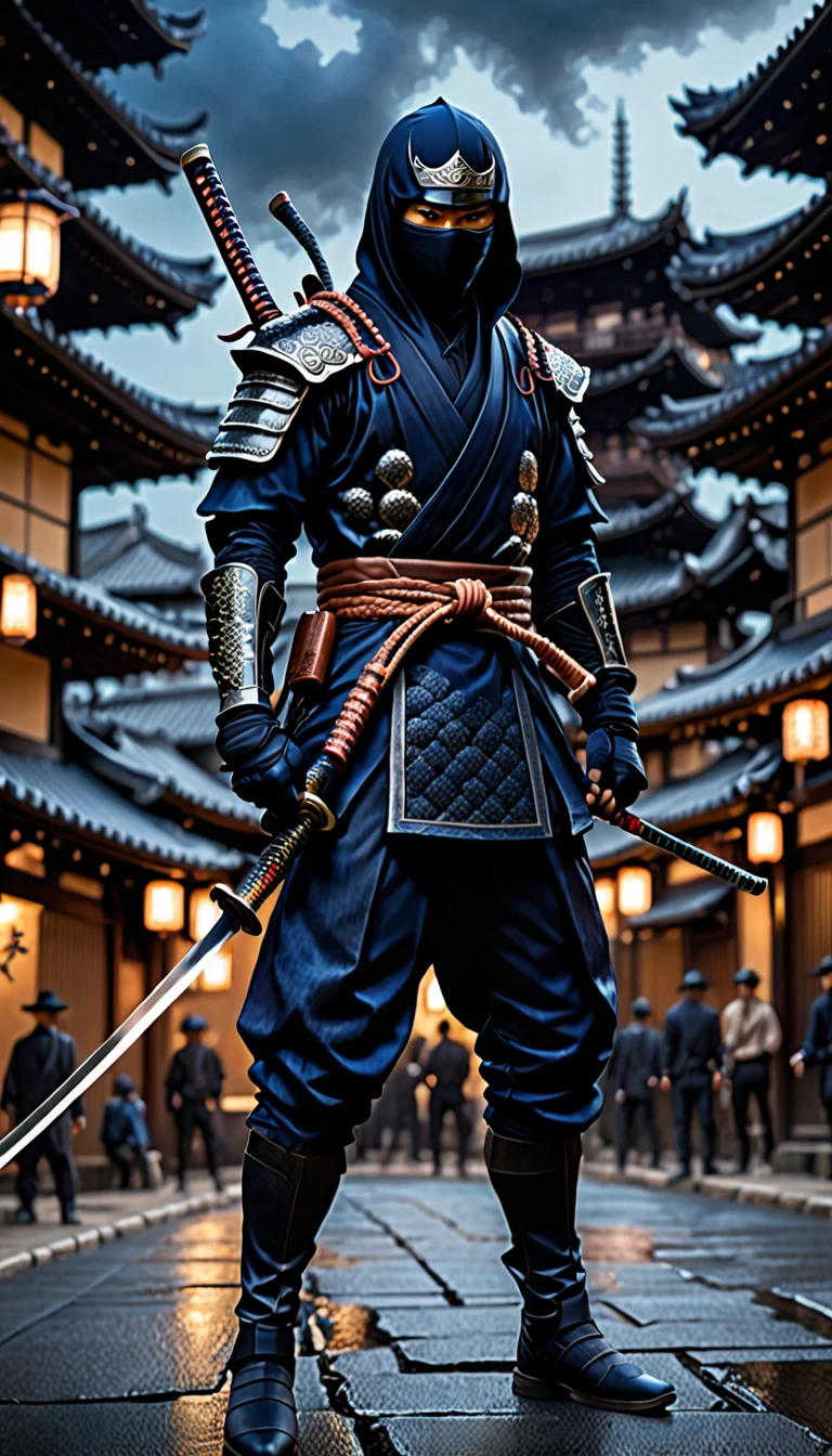 work of art, best qualityer, hires, 1 men, standing alone, standing alone focus, Japanese man wearing dark blue ninja suit, using katana, ninja, city scenery, realisitic, fashionable, details Intricate, hyperdetailed, cinematic, rim-light, atmosphere of danger, cowboy shot