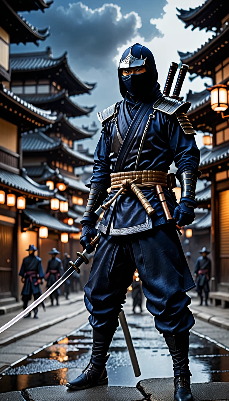 work of art, best qualityer, hires, 1 men, standing alone, standing alone focus, Japanese man wearing dark blue ninja suit, using katana, ninja, city scenery, realisitic, fashionable, details Intricate, hyperdetailed, cinematic, rim-light, atmosphere of danger, cowboy shot