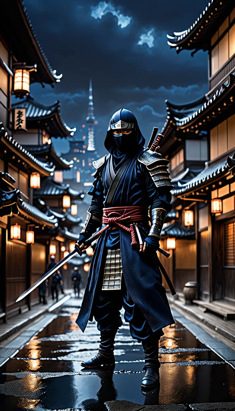 work of art, best qualityer, hires, 1 men, standing alone, standing alone focus, Japanese man wearing dark blue ninja suit, using katana, ninja, city scenery, realisitic, fashionable, details Intricate, hyperdetailed, cinematic, rim-light, atmosphere of danger, cowboy shot