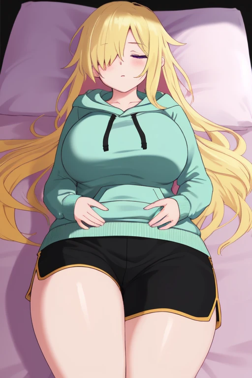 ((Best Quality)), ((Masterpiece)), (detailed), 1 girl, pajamas, pink hooded sweater, White socks, Pastel yellow hair, long hair, hair covers one eye, purple eyes, tight black shorts, big breasts, big thighs , background lying on a bed sleeping