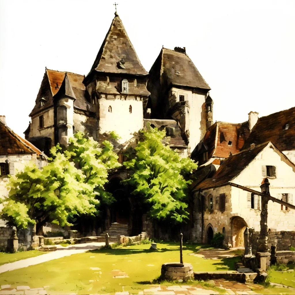 painting of a Lock with a clock tower and a garden, medieval French landscape, old Lock, medieval Lock, Medieval cityscape, a medieval Lock, Lock, medieval village, in the style of old painting, medieval Lock on background, realistic painting of a complex, inspired by Marius Borgeaud, highly detailed painting of old, medieval setting, Lock setting