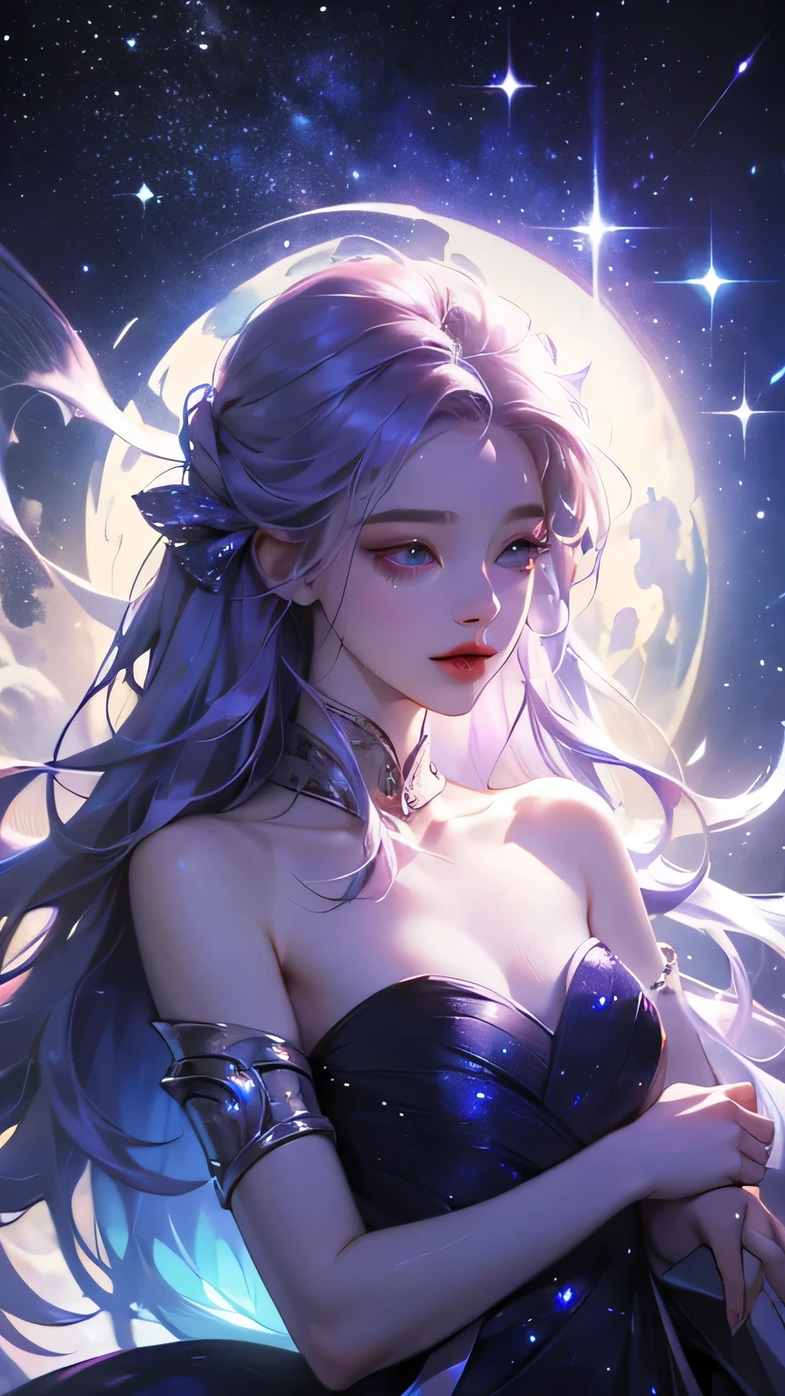 ((girl, fur)), Brilliant eyes, blue pupils，smile, fur girl,long hair, ceramic body, hip gap, ((The background is a city with a technology feel.)),The starry sky is magnificent， (translucent, Reflective skin), (Surrealism: 1.4)