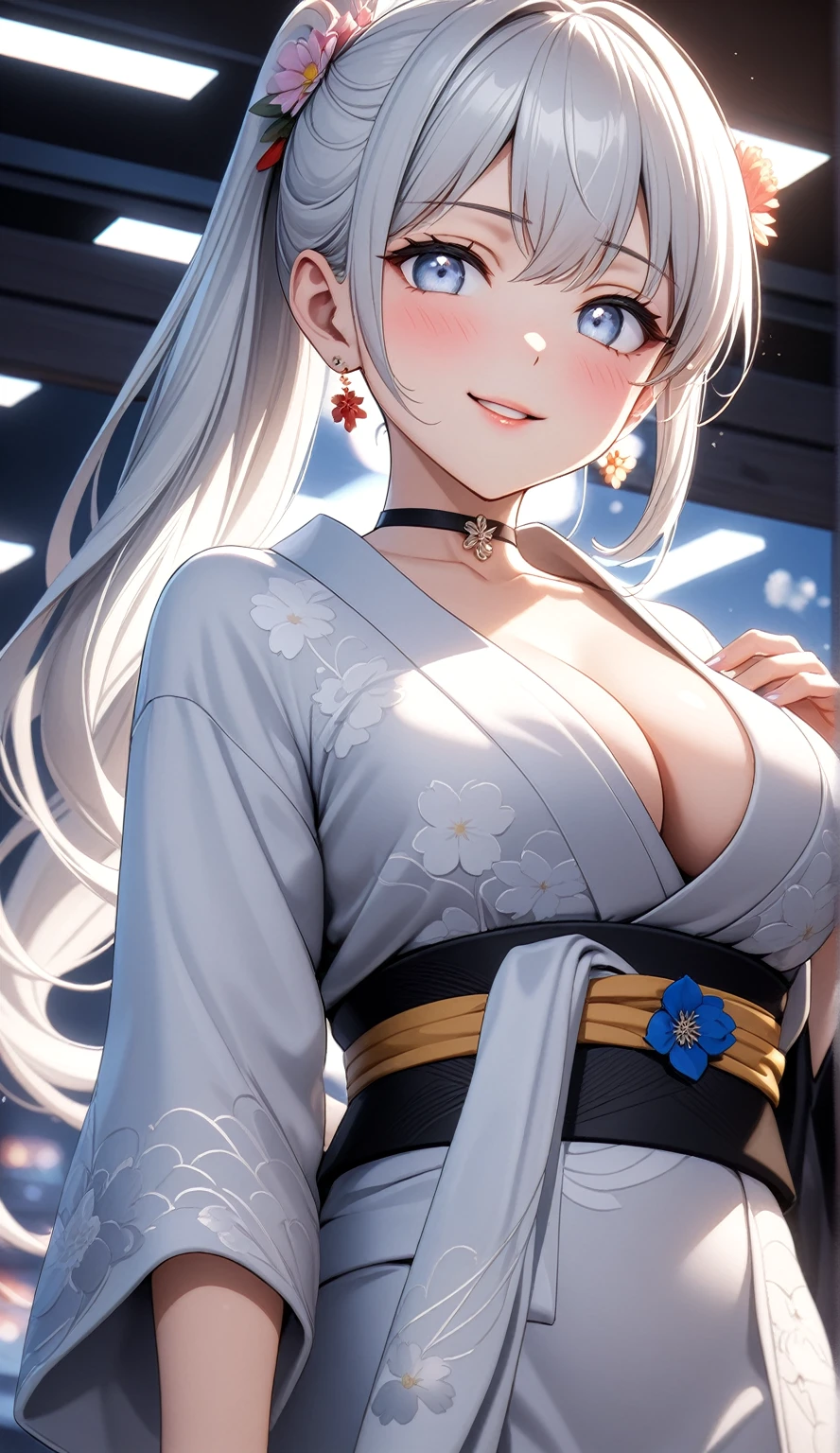 ((One personの女性)), Beautiful Face, Laughing embarrassedly, (laugh:1.2),((Wink:1.9)), (head tilt:1.3), Laugh with your mouth wide open, upper teeth, ((breath:2.0)), looking down at viewer,((undressing kimono:2.4)), (((full-face blush:1.6)),Glossy Red Lips,night, rooftop, firework, Glossy red lips, Shining Face, ((Anime style background)),masterpiece, Highest quality, so beautiful,up to date, Complex details, (Pink long nails),(ring),(bracelet),(Floral choker),AI-generated, Complex,High resolution, Highest quality, super high quality,3D Images、3D Images, One person, Long white hair, High Ponytail, Anime woman posing for a photo, (blue eyes), ((Fine grain、Silvery white, lightly pigmented eyes、Shining Eyes:1.4)), (Squint your eyes:1.1),a hyperRealistic , hyperRealistic , Realistic,Anime woman with long white hair, Smooth anime CG art, A woman in a colorful kimono with gold embroidery, ((Black long sleeve kimono:1.5)),Red floral pattern,Long flower hair ornament,Earrings,Mature Body,(Big Breasts:1.1),Tall,Abdominal muscles,Tight waist,(Zoom up to face:1.1), (from below),