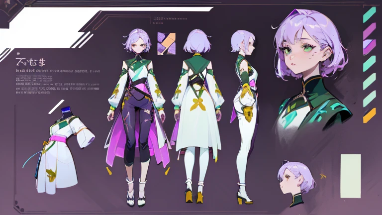 (Masterpiece, best quality), detailed, 1 woman, ((character concept art)), ((character design sheet, same character, front, side, back)), full body, body complete, 1 female, 1 women. Detailed face, character design sheet full body, Highly detailed, character sheet, character design, Many parts, pale skin, green eyes, short purple hair, lavender flower reference, lavender flower character reference, lavender flower inspired, male clothes, pants, flat chest, Solarpunk, Solarpunk reference, Solarpunk based outfit, pants, green, white, dark gray, gold.