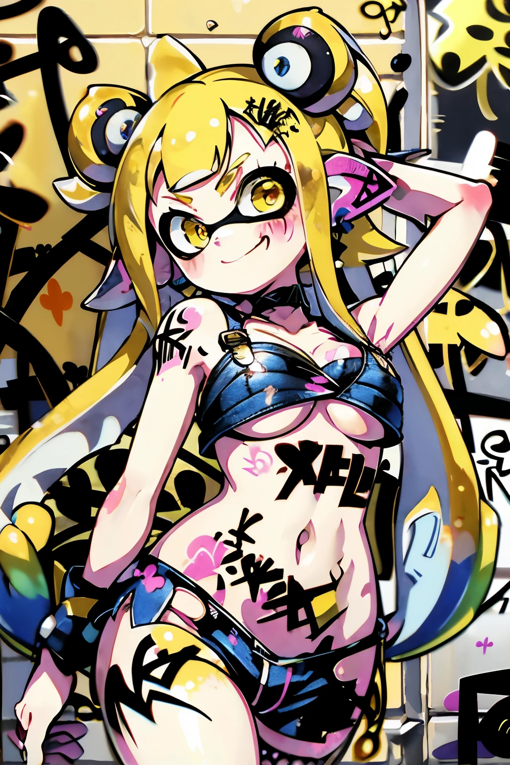 Absurd, Highest quality, High resolution、Real Anime、3d、Ultra-stereoscopic、One Splatoon girl, alone, Multicolored tentacle hair, Big Breasts、Cleavage、Underboob、Crop top, Denim shorts, Low-rise pants、choker, (graffiti:1.5), Paint splashes, Put your arms behind your back, (Hunchback), Lean back, Against the wall, (Tilt to the side:0.25), View your viewers, Armband, Thigh straps, Striped Hair, body paint, Upturned eyes, Golden Eyes、Head Down, Tilt your head, (From the side:0.75), Toothy smile、