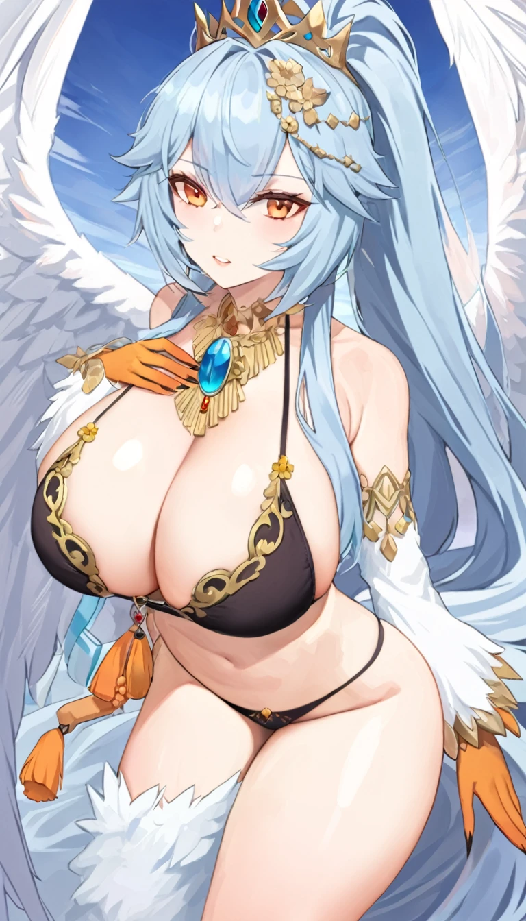 4k,hight resolution,One Woman,harpy,lightblue hair,Long ponytail,huge tit,large white wings,Orange claws,The Queen's Tiara,Black underwear,jewel decorations