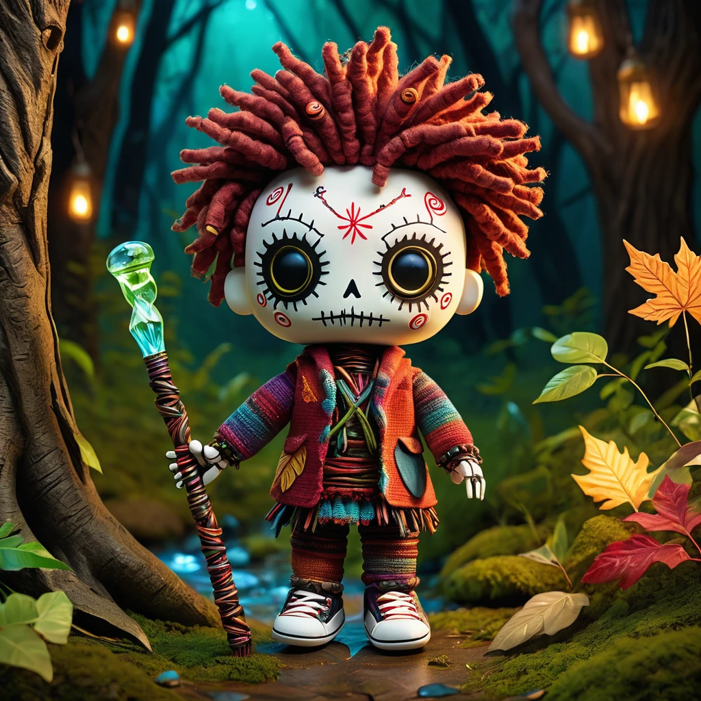(knitted toy voodoo doll:1.4), (Voodoo Walker:1.3), (Clothing: comfortable walking clothes with nature patterns:1.0), (Accessories: enchanted walking stick, glowing water bottle, magical sneakers:1.2), (background: peaceful park with floating leaves, glowing trees, and mystical animals:1.2), best quality, masterpiece, detailed soft oil painting, detailed background, dramatic cinematic lighting, soft edge lighting, professional, dramatic lighting, hard edge lighting, ultra quality, 4k,masterpiece, best quality, 8k, ultra highres, highres, extremely detailed