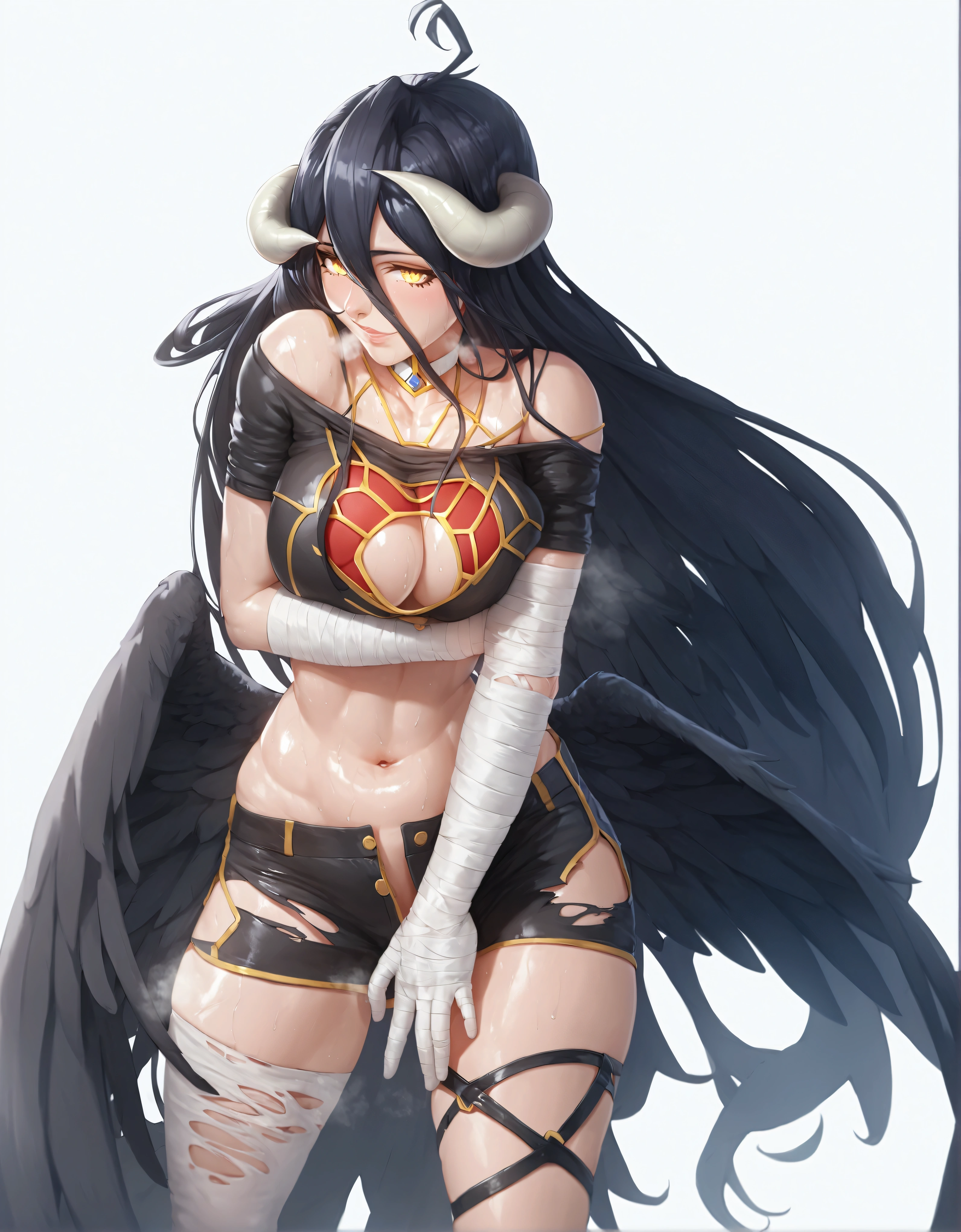 score_9, score_8_up, score_7_up, score_6_up, uncensored, albedo, long hair, black hair, horns, demon girl, demon horns, albedo (overlord), hair between eyes, yellow eyes, slit pupils, naughty face, shiny skin, sweating, steaming body, heavy breathing, BREAK (masterpiece:1.2), best quality, high resolution, unity 8k wallpaper, (illustration:0.8), (detailed eyes:1.3), extremely detailed face, perfect lighting, extremely detailed CG, (perfect hands, perfect anatomy), 1girl, bandages, solo, bandaged_arm, choker, breasts, black_choker, collarbone, torn_clothes, navel, torn_shorts, looking_at_viewer,
