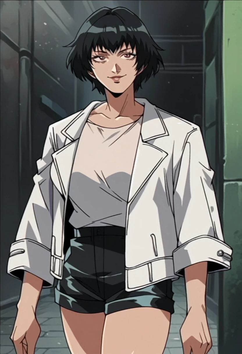  lady (from devil may cry 5:1.1), black short hair, white jacket, naughy smile, milf, encorped body, black shorts
