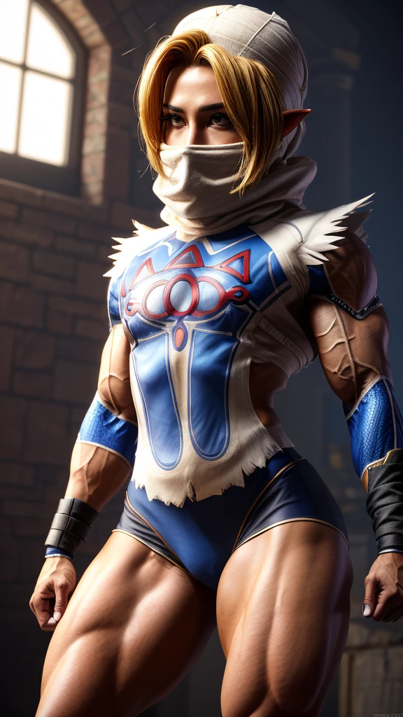 1 girl, sheik, the legend of zelda: Ocarina of Time, Subscribe to, turban, covered mouth, scarf, blue bodysuit, tabard, bandages,  romper,
combat stance, romper,, ​masterpiece, best quality, hyper-realistic, extremely detail, high quality, 4K, keen focus, professional photography, keen focus, award-winning, cinematic lighting, octane render, unreal engine, Volume measurement DTX, backdrop,  (Bodybuilder), extremely muscular, (young woman, muscular legs , muscular arms, Muscular upper body, muscular abdominal muscles , muscular shoulders,)