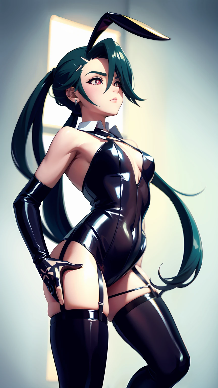 like,ahoge,ponytail,bright pupils,stockings,latex,tie,garter belt,Reverse Bunny Suit,shame,