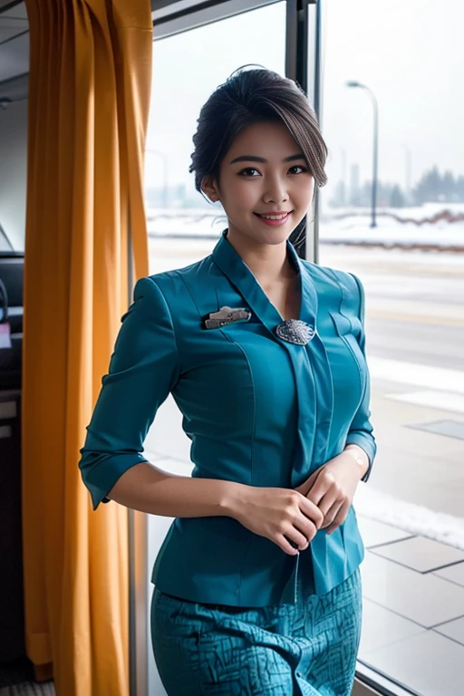 (A beautiful Chindo woman, age 22, she's a Air stewardess wearing garudaindonesia uniform, walking in Incheon Int'l Airport, kind expression, dimpled smile, cute snaggle-tooth, beautiful detailed face, beautiful detailed eyes, ample round bosom, french twist hairstyle, photorealistic, hyper-realism, high contrast, ultra HD, realistic skin textures, top image quality, top-quality, super high resolution, fine details, very meticulously, masterpiece, head to hips, the cowboy shot, calming atmosphere, bokeh snow background)