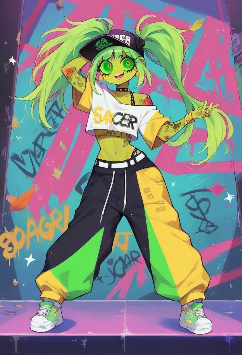 ((long shot, full body: 1.6)), purple: 1.5, orange: 1.1, green: 1.3, White: 1.3, yellow: 1.3, (rapper girl with scary hair, highly detailed eyes and body and beautiful baggy and baggy clothes :1.6), tattoos, (walls with Graffiti: 1.2), flower, Leaves, born in the mist, lines, leaning on the wall with a spray paint in her hand, action pose, 32K.
