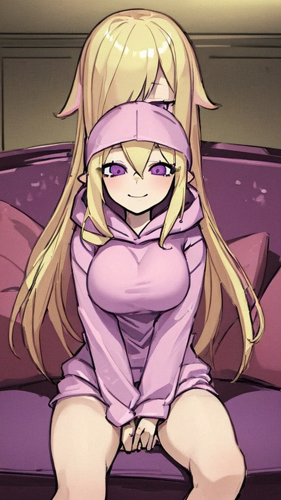 ((Best Quality)), ((Masterpiece)), (detailed), 1 girl, pajamas, pink hooded sweater, White socks, Pastel yellow hair, long hair, hair covers one eye, purple eyes, tight black shorts, big breasts, big thighs, expression smiling shy, background in a living room sitting on a sofa