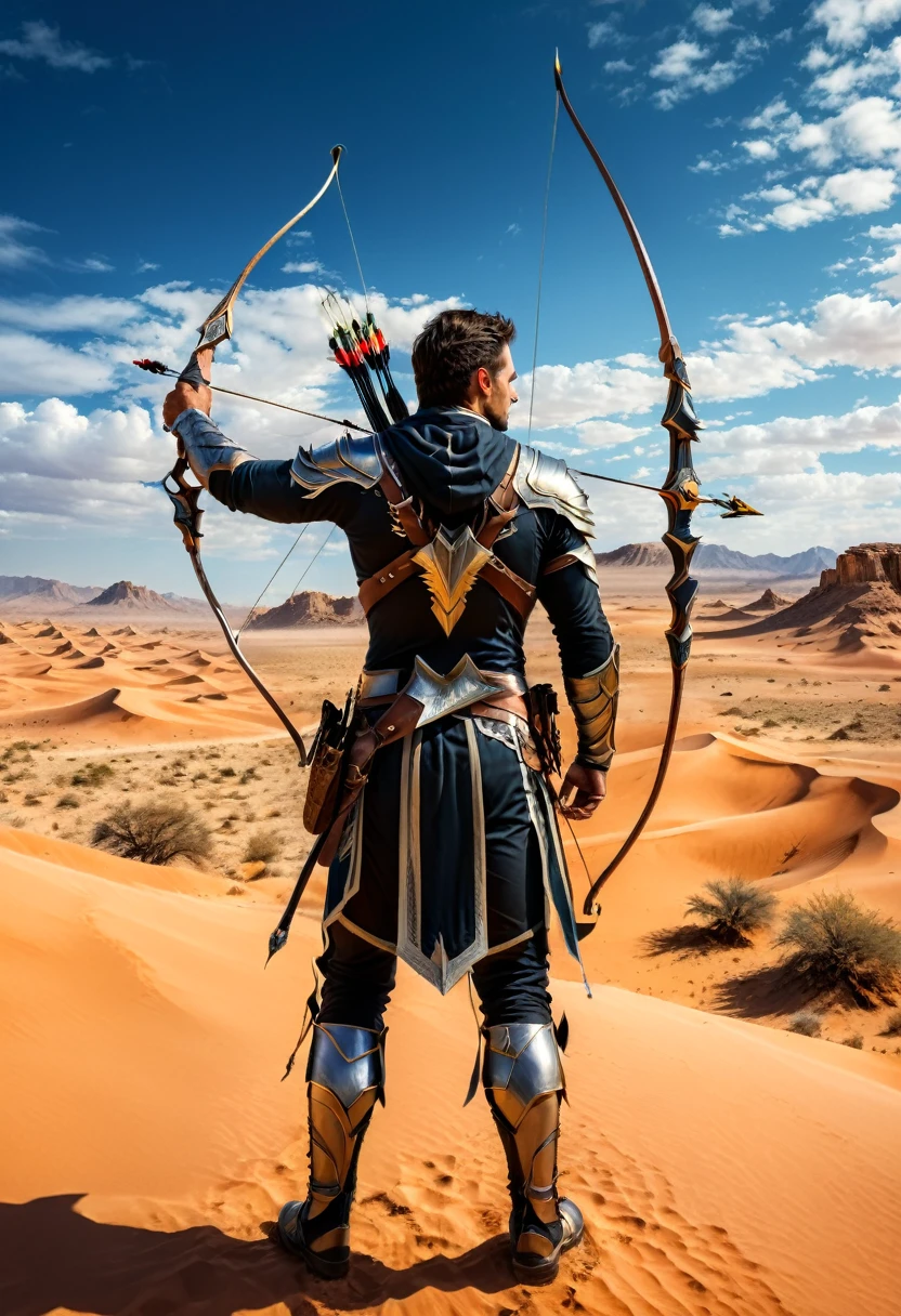 (Archer, bow and arrow), archer is in a desolate desert, alert to the dangers around him. The background is the desert and the vast sky, full body, (Photography), panoramic view, award-winning, cinematic still, emotional, vignette, dynamic, vivid, (masterpiece, best quality, Professional, perfect composition, very aesthetic, absurdres, ultra-detailed, intricate details:1.3)