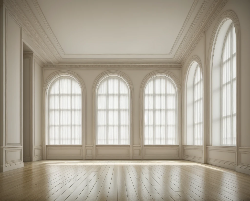 (((parisian-style))), PHÒNG NGỦ, felling vintage,1 television on the wall:1.3, a brown wooden floor, cream-colored curtains, a white door, and super sharp photos that exude elegance.