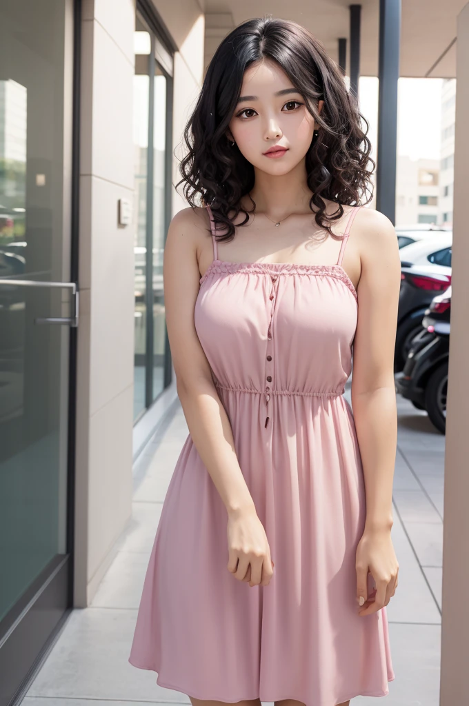 Woman with black curly hair and brown eyes and wearing a pink dress
